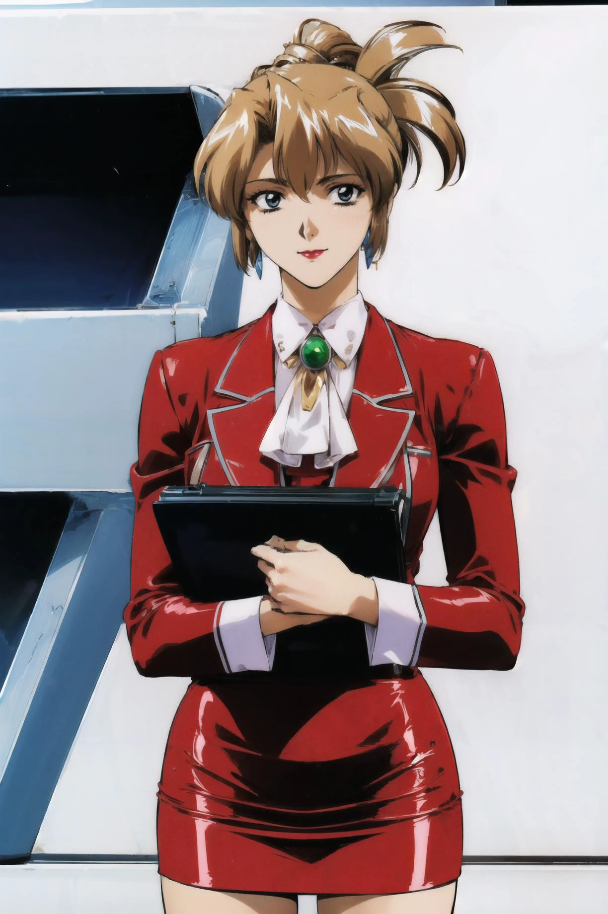 simple background , masterpiece, best quality, 1girl, looking at viewer, ultra detailed, <lora:add_detail:0.5>,cowboy shot, <lora:aika_FW:1> , folded ponytail, short hair, long sleeves, red jacket, white shirt, earrings, ascot, brooch, red jacket, red pencil skirt, red lips, smile