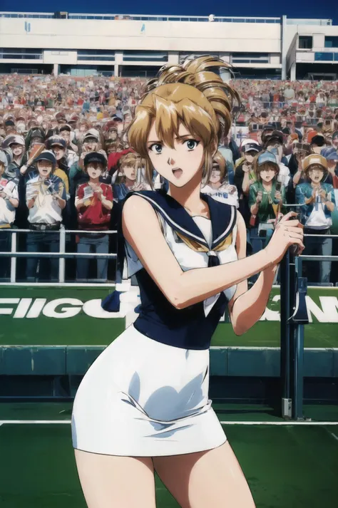 masterpiece, best quality, 1girl, looking at viewer, ultra detailed, <lora:add_detail:0.5>, cowboy shot, <lora:aika_FW:1> , folded ponytail, (stadium, roaring crowd, cheering fans, sporting event:1.3), sailor dress
