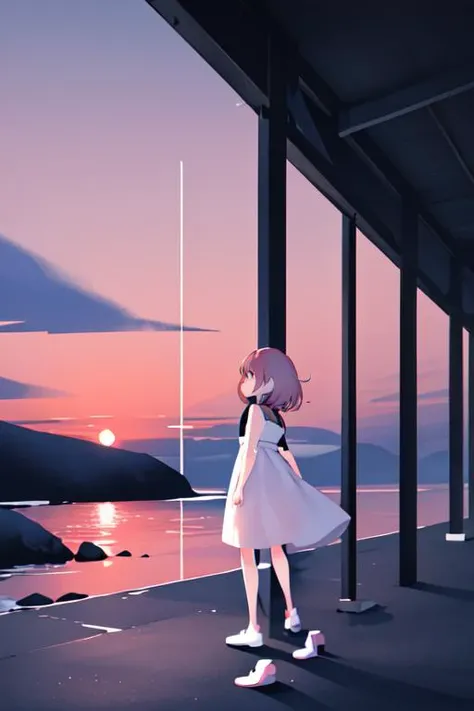 1girl, emikukis, minimalism, simple colors, outdoors, sunset, masterpiece, best quality <lora:colorful_minimalist_illustration:1.2> <lora:emikukisv6:0.7>