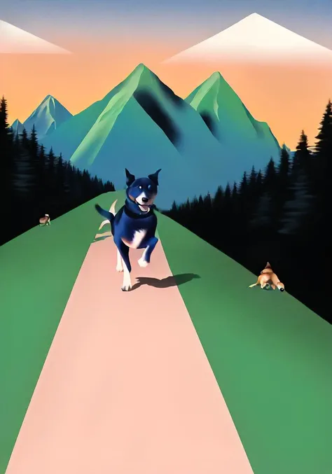 dog running with mountains in the background <lora:colorful_minimalist_illustration-17-locon:1.2>