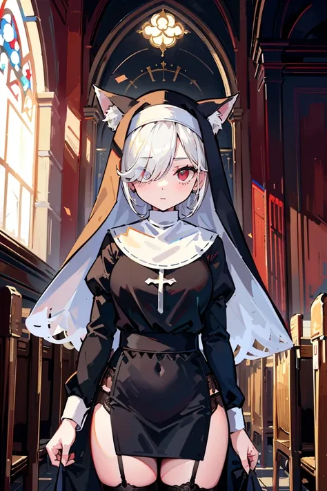 (masterpiece, best quality:1.4), 1girl, (mature female:1.2), milf, assertive female, white fox ears, white hair, (very long hair), (hair over one eye:1.2), red eyes, sharp eyelash, sharp eyes, (nun cassock:1.1), black garter belt, church, indoors, cowboy shot, sidelighting, dymamic angle, <lora:EnvyGoodHands-beta2:1>