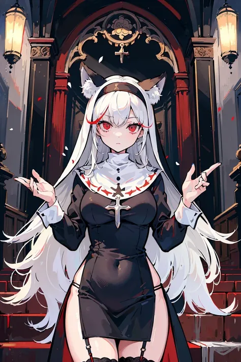 (masterpiece, best quality:1.4), 1girl, (mature female:1.2), milf, assertive female, white fox ears, white hair, (very long hair), (hair over one eye:1.2), red eyes, sharp eyelash, sharp eyes, (nun cassock:1.1), black garter belt, church, indoors, cowboy shot, sidelighting, dymamic angle, <lora:EnvyGoodHands-beta2:1>