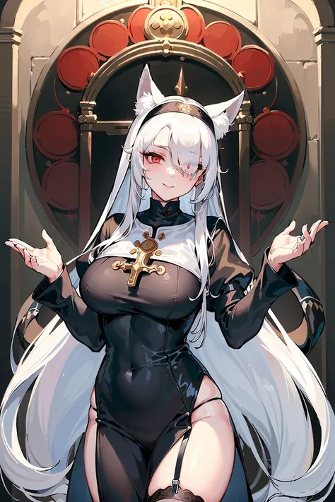 (masterpiece, best quality:1.4), 1girl, (mature female:1.2), milf, assertive female, white fox ears, white hair, (very long hair), (hair over one eye:1.2), red eyes, sharp eyelash, sharp eyes, (nun cassock:1.1), black garter belt, church, indoors, cowboy shot, sidelighting, dymamic angle, <lora:EnvyGoodHands-beta2:1>