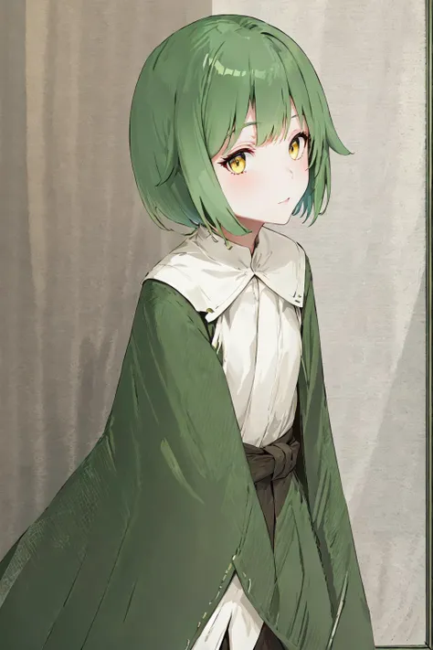 1girl, yellow eyes, green hair, short hair, green robe with white shirt, masterpiece, best quality, looking at viewer,  facing viewer,