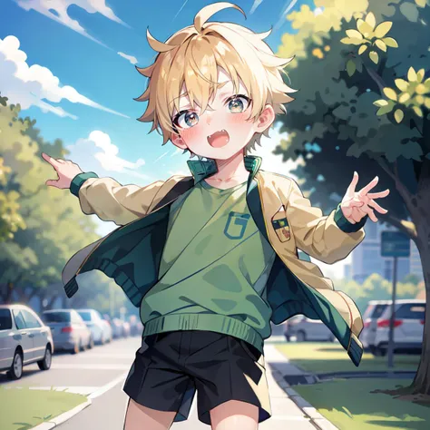 Masterpiece, ultra detailed, 1boy, child, cinematic, Taishi, Jacket, Green Shirt, Blush, Fang, shorts, <lora:Taishi Attempt 3:0.8>, outdoors