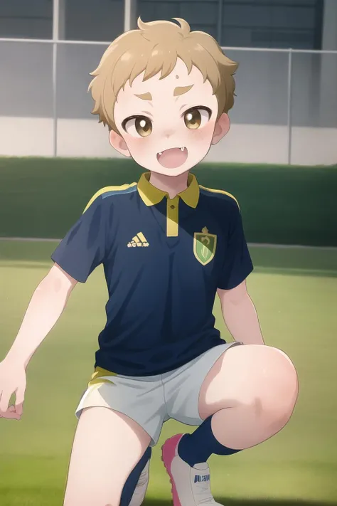 masterpiece,best quality,1boy,11 years old,freckles,smile, fang,(blush), realistic, Taishi, <lora:Taishi Attempt 3:1>, soccer uniform, soccer field setting,