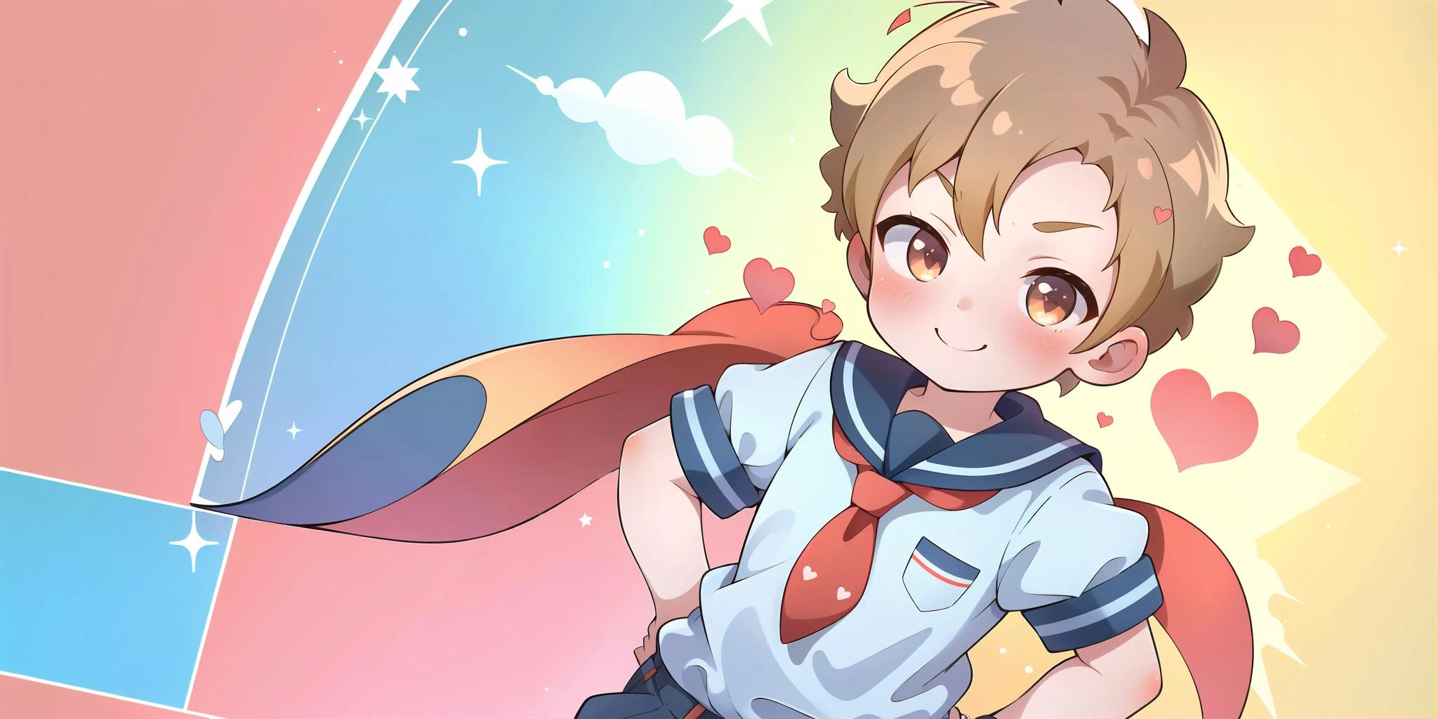 (((picture perfect))),1boy,solo,ginger, smile, (sailor top), short shorts,quiff,chromatic background, (Taishi:1.2) <lora:Taishi Attempt 3:1>, standing, blush, red tie, ultra detailed, closeup, sparkles, hearts, upper body, hands on hips,