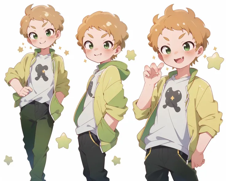 (((picture perfect))), masterpiece, 1boy, male focus, (Taishi:1.2), <lora:Taishi Attempt 3:1>, smile, green eyes, freckles, blush, jacket,green trim, black pants, dimly lit, evenly lit, <lora:character-sheet:1>, chara-sheet, simple background, stars, sparkles,
