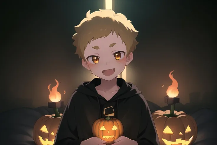 masterpiece,best quality,1boy,11 years old,freckles,smile, fang,(blush),halloween,vampire costume, black cloak,black shirt,night time,dimly lit, spooky setting, realistic, Taishi, <lora:Taishi Attempt 3:1> (holding a jack-o-lanturn),moonlight,symmetric,