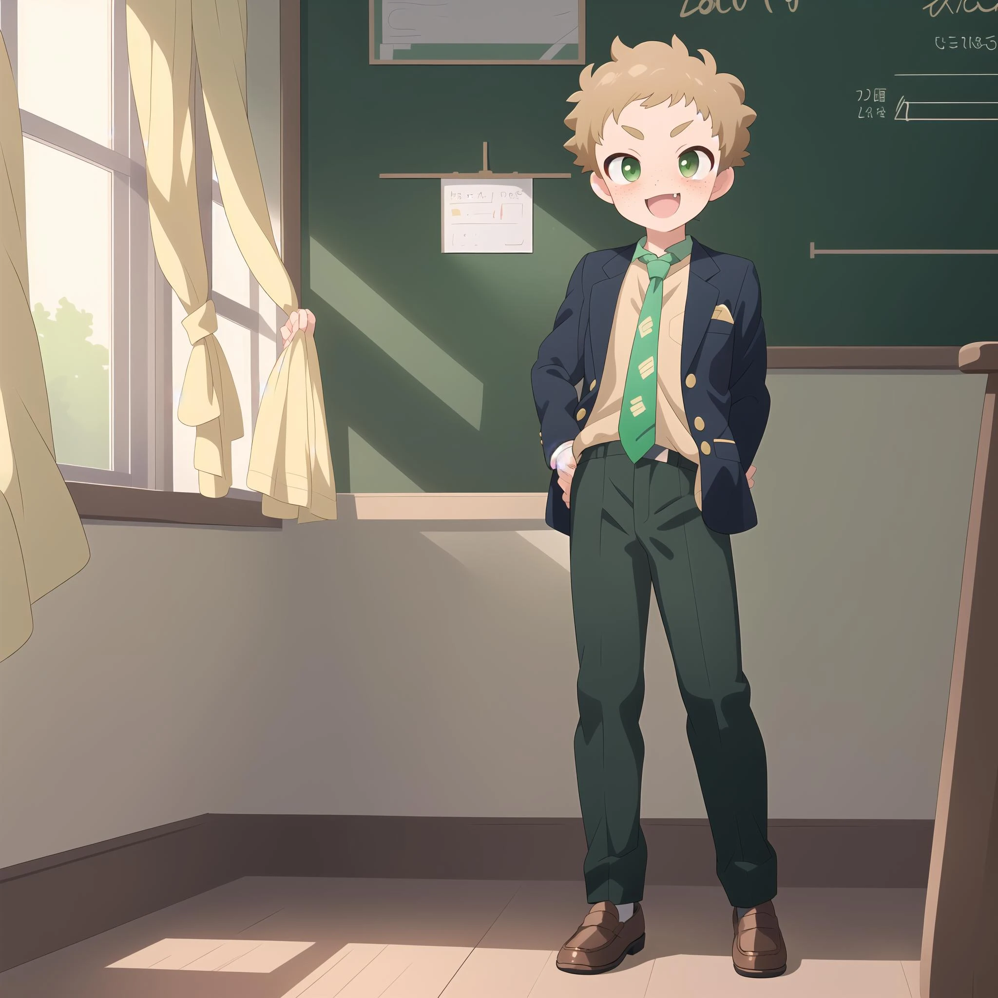 ((picture perfect)), masterpiece, (1boy), solo, ginger, freckles, green eyes, smile, fang, blazer, tie, pants, loafers, full body, inside, , (Taishi:1.2), <lora:Taishi Attempt 3:1>