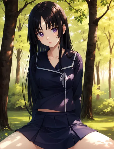 masterpiece, best quality, highres,
IsayamaAi, 1girl, solo, purple eyes, black hair, long hair, bangs, blunt bangs, very long hair, 
skirt, school uniform, serafuku, blunt bangs, black serafuku, 
sitting, spread legs, cowboy shot, looking at viewer, arms behind back, forest, outdoors, tree, sunlight, cloudy, <lora:Isayama:1>