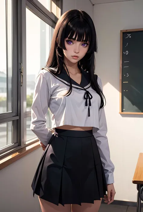 (masterpiece, best quality), 1girl, <lora:Isayama:0.8> IsayamaAi, purple eyes, black hair, long hair, bangs, blunt bangs, very long hair, skirt, school uniform, serafuku, blunt bangs, black serafuku