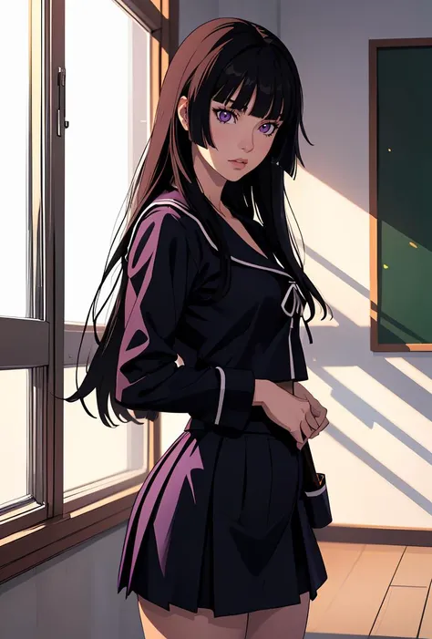 (masterpiece, best quality), 1girl, <lora:Isayama:0.8> IsayamaAi, purple eyes, black hair, long hair, bangs, blunt bangs, very long hair, skirt, school uniform, serafuku, blunt bangs, black serafuku