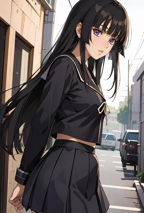 (masterpiece, best quality), 1girl,     <lora:Isayama:0.8> IsayamaAi, purple eyes, black hair, long hair, bangs, blunt bangs, very long hair, skirt, school uniform, serafuku, blunt bangs, black serafuku