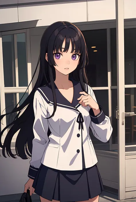 (masterpiece, best quality), 1girl,     <lora:Isayama:0.8> IsayamaAi, purple eyes, black hair, long hair, bangs, blunt bangs, very long hair, skirt, school uniform, serafuku, blunt bangs, black serafuku