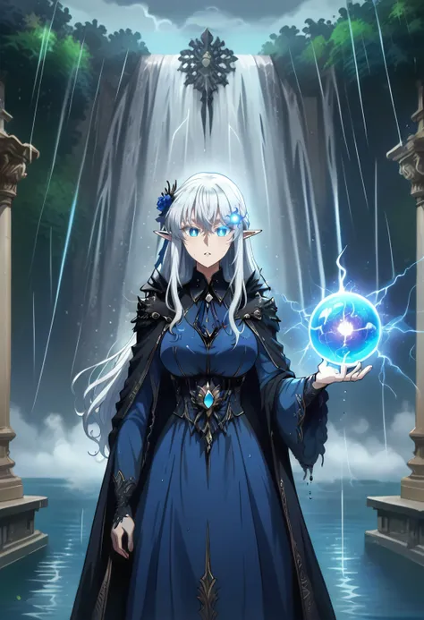 <lora:Schnee Raizer:0.9>  schnee raizer, long hair, 1girl, pointy ears, white hair, elf, solo, hair between eyes, blue eyes, large breasts    <lora:0p4ldr3ssXLP:0.5> 0p4ldr3ss, blue dress, opal, (water:1.2), (casting water spell:1.3) ,  <lora:Flaming:0.8> (blue flaming eyes, blue eye trail:1.2) <lora:Pony_Weapon_Orb_Staff_-_By_HailoKnight:0.8>holding blue magic orb , vibrant, concept art, digital art, (waterfall in background:1.2), rain, wet, raindrops, thunderstorm, rainclouds, cowboy shot, score_9, score_7_up,anime coloring ,source_anime, anime