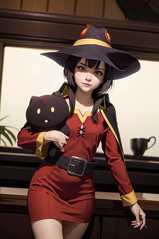(masterpiece), (best quality), (photorealistic:1.4), perfect face, highly detailed everything, ultra high res, raw photo,
megumin holding chomuske, (holding chomuske:1.2),
megumin, 1girl, solo, looking at viewer, short hair, short hair with long locks, bandaged leg, black hair, red eyes,
red dress, witch hat, belt, cape,
<lora:megumin-10:0.9>
<lora:chomusuke:0.9>