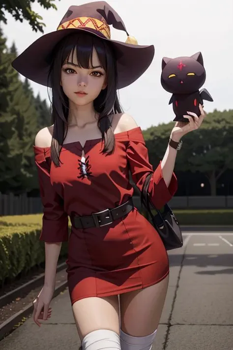 (masterpiece), (best quality), (photorealistic:1.4), perfect face, highly detailed everything, ultra high res, raw photo,
megumin holding chomuske, (holding chomuske:1.2),
megumin, 1girl, solo, looking at viewer, short hair, short hair with long locks, bandaged leg, black hair, red eyes,
red dress, witch hat, belt, cape,
<lora:megumin-10:0.9>
<lora:chomusuke:0.9>