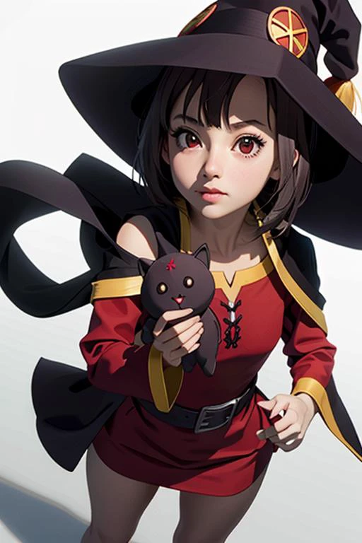 (masterpiece), (best quality), (photorealistic:1.4), perfect face, highly detailed everything, ultra high res, raw photo,
megumin holding chomuske, (holding chomuske:1.2),
megumin, 1girl, solo, looking at viewer, short hair, short hair with long locks, bandaged leg, black hair, red eyes,
red dress, witch hat, belt, cape,
<lora:megumin-10:0.9>
<lora:chomusuke:0.9>