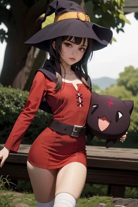 (masterpiece), (best quality), (photorealistic:1.4), perfect face, highly detailed everything, ultra high res, raw photo, megumin holding chomuske, (holding chomuske:1.2), megumin, 1girl, solo, looking at viewer, short hair, short hair with long locks, bandaged leg, black hair, red eyes, red dress, witch hat, belt, cape, <lora:megumin-10:0.9> <lora:chomusuke:0.9>