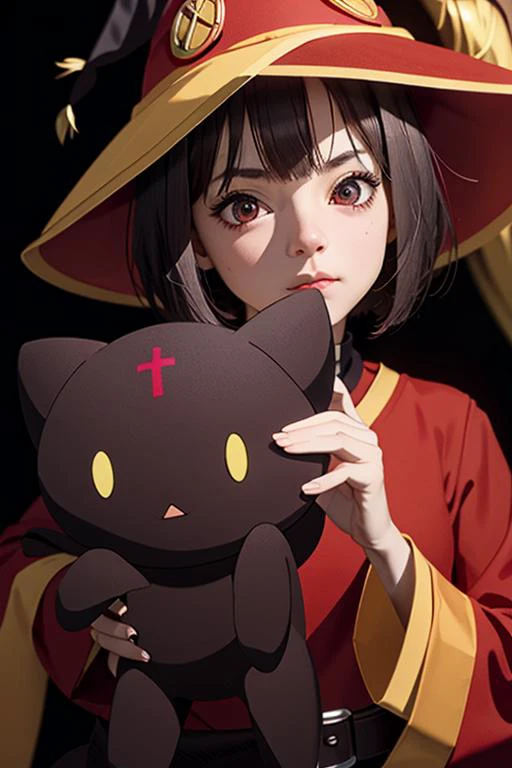 (masterpiece), (best quality), (photorealistic:1.4), perfect face, highly detailed everything, ultra high res, raw photo,
megumin holding chomuske, (holding chomuske:1.2),
megumin, 1girl, solo, looking at viewer, short hair, short hair with long locks, bandaged leg, black hair, red eyes,
red dress, witch hat, belt, cape,
<lora:megumin-10:0.9>
<lora:chomusuke:0.9>