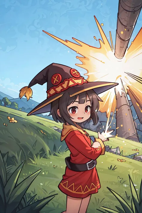 (masterpiece, best quality), intricate details,
1girl, <lora:megumin-10:0.8> megumin, short hair, dress, red dress, hat, witch hat, belt
outdoors, grass, field, meadow, wind, crater, explosion,