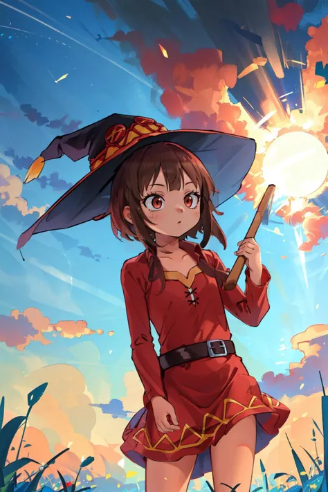 (masterpiece, best quality), intricate details,
1girl, <lora:megumin-10:0.8> megumin, short hair, dress, red dress, hat, witch hat, belt
outdoors, grass, field, meadow, wind, crater, explosion,