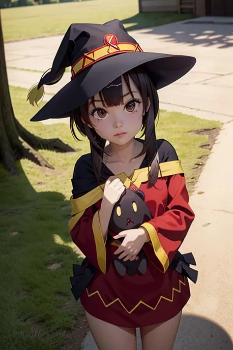 (masterpiece), (best quality), (photorealistic:1.4), perfect face, highly detailed everything, ultra high res, raw photo,
megumin holding chomuske, (holding chomuske:1.2),
megumin, 1girl, solo, looking at viewer, short hair, short hair with long locks, bandaged leg, black hair, red eyes,
red dress, witch hat, belt, cape,
<lora:megumin-10:0.9>
<lora:chomusuke:0.9>