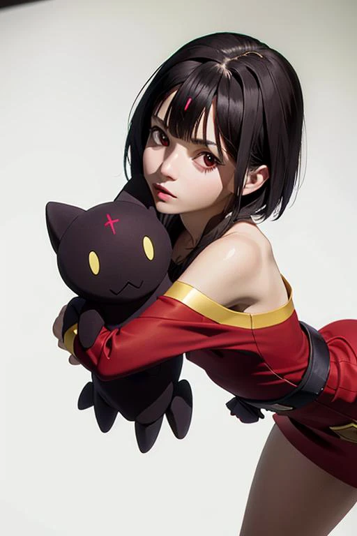(masterpiece), (best quality), (photorealistic:1.4), perfect face, highly detailed everything, ultra high res, raw photo,
megumin holding chomuske, (holding chomuske:1.2),
megumin, 1girl, solo, looking at viewer, short hair, short hair with long locks, bandaged leg, black hair, red eyes,
red dress, witch hat, belt, cape,
<lora:megumin-10:0.9>
<lora:chomusuke:0.9>