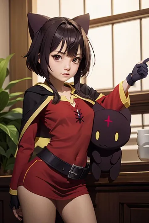 (masterpiece), (best quality), (photorealistic:1.4), perfect face, highly detailed everything, ultra high res, raw photo, 
megumin holding chomuske, (holding chomuske:1.2),
megumin, 1girl, solo, looking at viewer, short hair, short hair with long locks, bandaged leg, black hair, red eyes,
red dress, witch hat, belt, cape,
 <lora:megumin-10:0.9> 
 <lora:chomusuke:0.9>