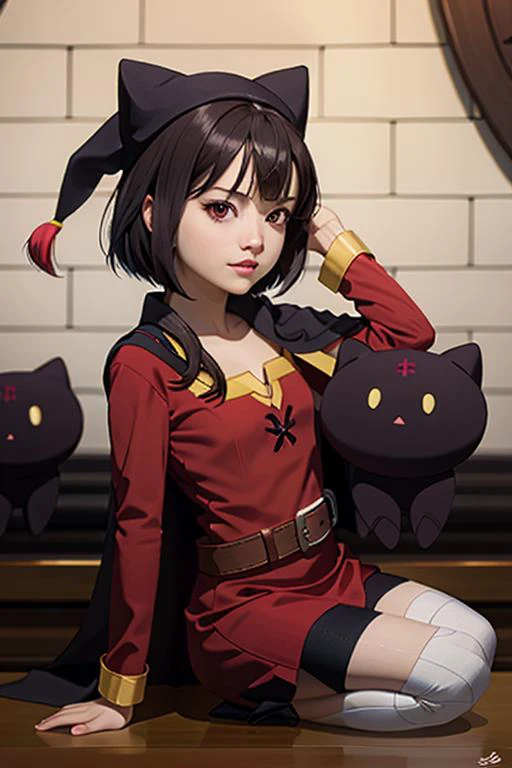(masterpiece), (best quality), (photorealistic:1.4), perfect face, highly detailed everything, ultra high res, raw photo,
megumin holding chomuske, megumin holding black cat,
megumin, 1girl, solo, looking at viewer, short hair, short hair with long locks, bandaged leg, black hair, red eyes,
red dress, witch hat, belt, cape,
<lora:megumin-10:0.9>
<lora:chomusuke:0.9>