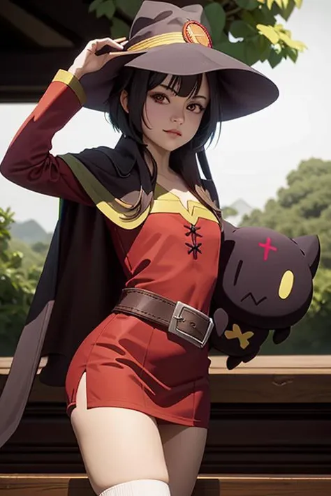(masterpiece), (best quality), (photorealistic:1.4), perfect face, highly detailed everything, ultra high res, raw photo,
megumin holding chomuske, (holding chomuske:1.2),
megumin, 1girl, solo, looking at viewer, short hair, short hair with long locks, bandaged leg, black hair, red eyes,
red dress, witch hat, belt, cape,
<lora:megumin-10:0.9>
<lora:chomusuke:0.9>