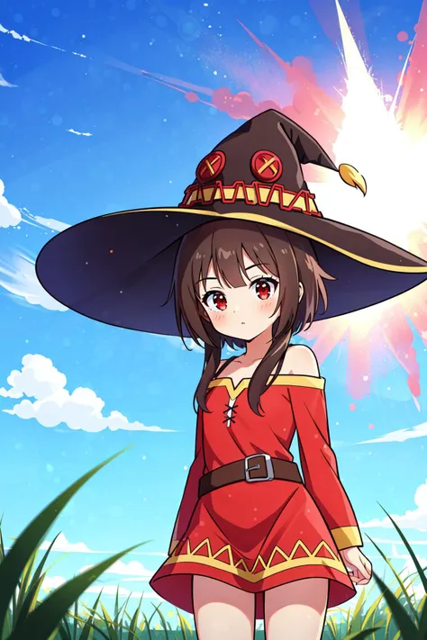 (masterpiece, best quality), intricate details,
1girl, <lora:megumin-10:0.8> megumin, short hair, dress, red dress, hat, witch hat, belt
outdoors, grass, field, meadow, wind, crater, explosion,