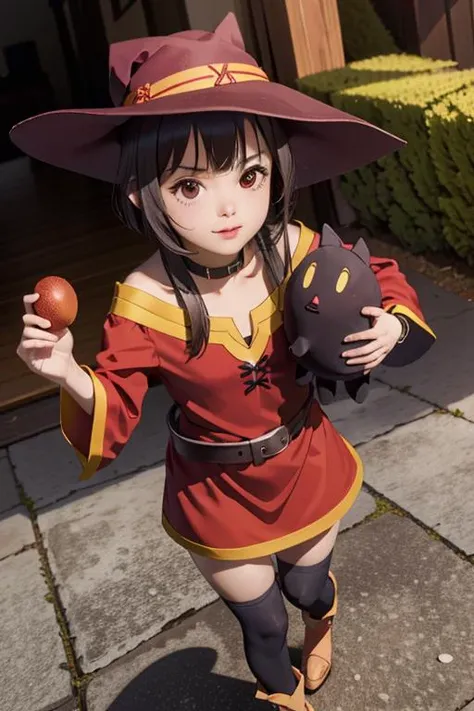 (masterpiece), (best quality), (photorealistic:1.4), perfect face, highly detailed everything, ultra high res, raw photo,
megumin holding chomuske, (holding chomuske:1.2),
megumin, 1girl, solo, looking at viewer, short hair, short hair with long locks, bandaged leg, black hair, red eyes,
red dress, witch hat, belt, cape,
<lora:megumin-10:0.9>
<lora:chomusuke:0.9>