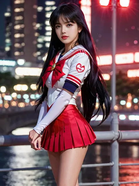 full body, woman, lalisaxl, long black hair, bang, detailed face, natural skin, red and white sailor senshi uniform, , hard shadows, night, city light, outdoor, bokeh, solo, masterpiece, best quality, high resolution, ultra realistic, HDR, 8K,   <lora:lalisaxl:0.8>,  <lora:xl_n15g_aio_clothing-2.0:1>