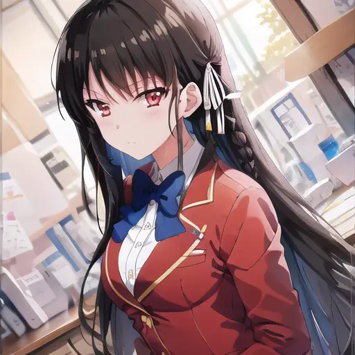 <lora:suzune-30:0.8> suzune \(classroom\), 1girl, solo, breasts, looking_at_viewer, bangs, shirt, long_sleeves, bow, ribbon, medium_breasts, closed_mouth, school_uniform, jacket, hair_ribbon, white_shirt, braid, collared_shirt, indoors, bowtie, dutch_angle, blue_bow, blazer, white_ribbon, red_jacket, blue_bowtie