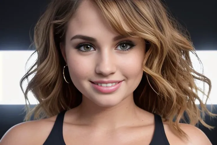 a portrait of DEN_debby_ryan in front of a [plain black background] wearing a black tank top, collarbone, [headshot], [centre frame], looking at the camera, facing the camera,
[sultry angry stare], dynamic lighting, mole above her lip on the right,
photorealistic, high detail, detailed, masterpiece, 8k, highres, flawless, colour, professional