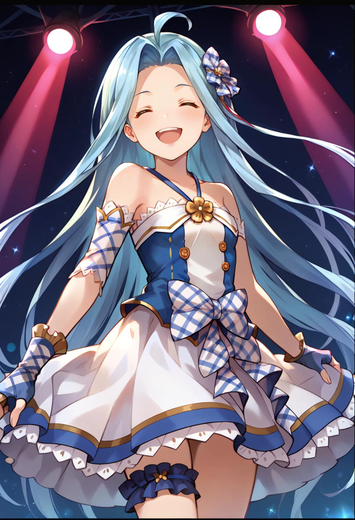 score_9, score_8_up, score_7_up, hd, (ultra hd quality details), stage, stage lights,
(masterpiece, best quality), fcDetailPortrait, solo, 1girl, luriabase, blue hair, very long hair, ahoge,
lyridoldress, hair ribbon, bare shoulders, plaid, bow, elbow gloves, fingerless gloves, assymmetrical gloves, asymmetrical legwear,
looking at viewer, blush, smile, open mouth, closed eyes,
from below, standing,
<lora:_lyria-elesicov1:1>