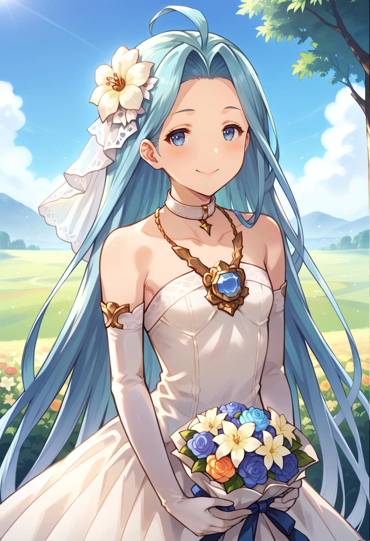 score_9, score_8_up, score_7_up, hd, (ultra hd quality details), outdoors, flower field,
(masterpiece, best quality), fcDetailPortrait, solo, 1girl, luriabase, blue hair, very long hair, ahoge,
wedding dress, bare shoulders, white elbow gloves, collarbone, collar, holding bouquet,
looking at viewer, blush, smile, half-closed eyes, closed mouth,
standing,
<lora:_lyria-elesicov1:1>