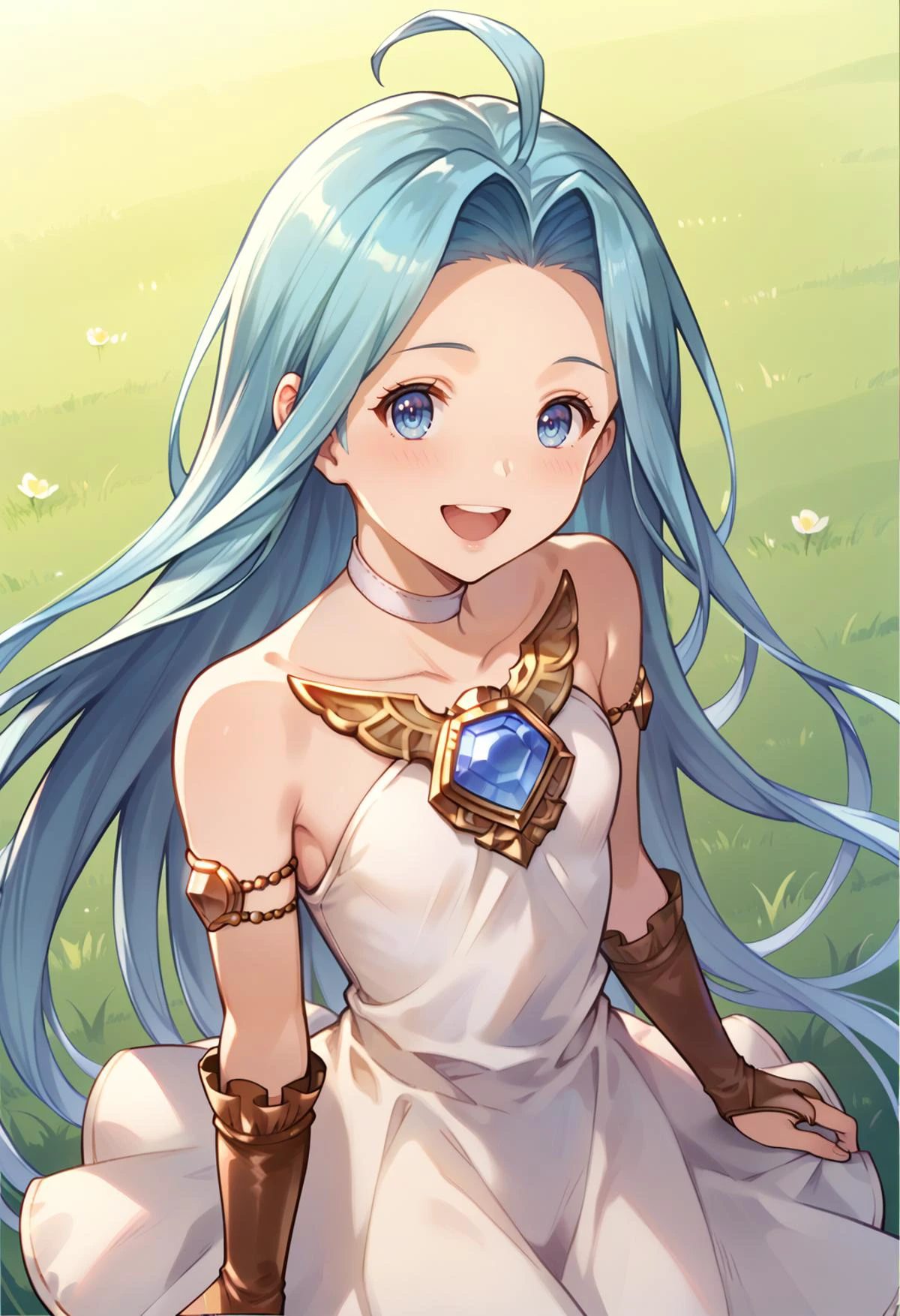 score_9, score_8_up, score_7_up, hd, (ultra hd quality details), grass, outdoors,
(masterpiece, best quality), fcDetailPortrait, solo, 1girl, luriabase, blue hair, very long hair, ahoge,
lyrdefdress, bare shoulders, choker, collarbone, gem, jewelry, bridal gauntlets, thighlet,
looking at viewer, blush, smile, open mouth,
standing, from above,
<lora:_lyria-elesicov1:1>