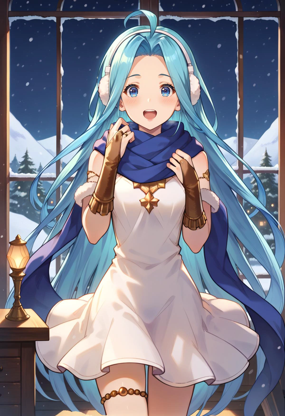 score_9, score_8_up, score_7_up, hd, (ultra hd quality details), indoors, night, snow,
(masterpiece, best quality), fcDetailPortrait, solo, 1girl, luriabase, blue hair, very long hair, ahoge,
lyrdefdress, earmuffs, blue scarf, muffler, pom pom \(clothes\), bridal gauntlets, thighlet,
looking at viewer, open mouth, teeth, blush,
standing,
<lora:_lyria-elesicov1:1>
