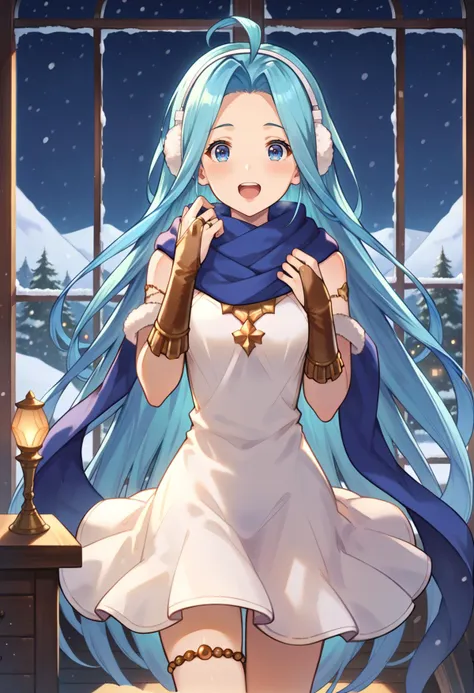 score_9, score_8_up, score_7_up, hd, (ultra hd quality details), indoors, night, snow,
(masterpiece, best quality), fcDetailPortrait, solo, 1girl, luriabase, blue hair, very long hair, ahoge,
lyrdefdress, earmuffs, blue scarf, muffler, pom pom \(clothes\), bridal gauntlets, thighlet, 
looking at viewer, open mouth, teeth, blush,
standing,
<lora:_lyria-elesicov1:1>