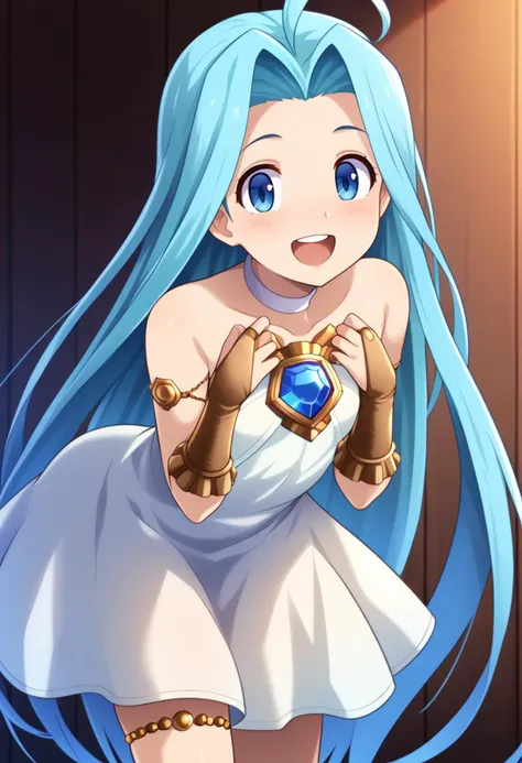 score_7_up, hd, (ultra hd quality details), indoors,
solo, 1girl, luriabase, blue hair, very long hair, ahoge, big eyes,
lyrdefdress, choker, collarbone, gem, jewelry, bridal gauntlets, thighlet,
looking at viewer, blush, smile, open mouth, teeth,
standing, leaning forward,
<lora:_konpeto_style-elesico-pony:1>  <lora:_lyria-elesicov1:0.9>