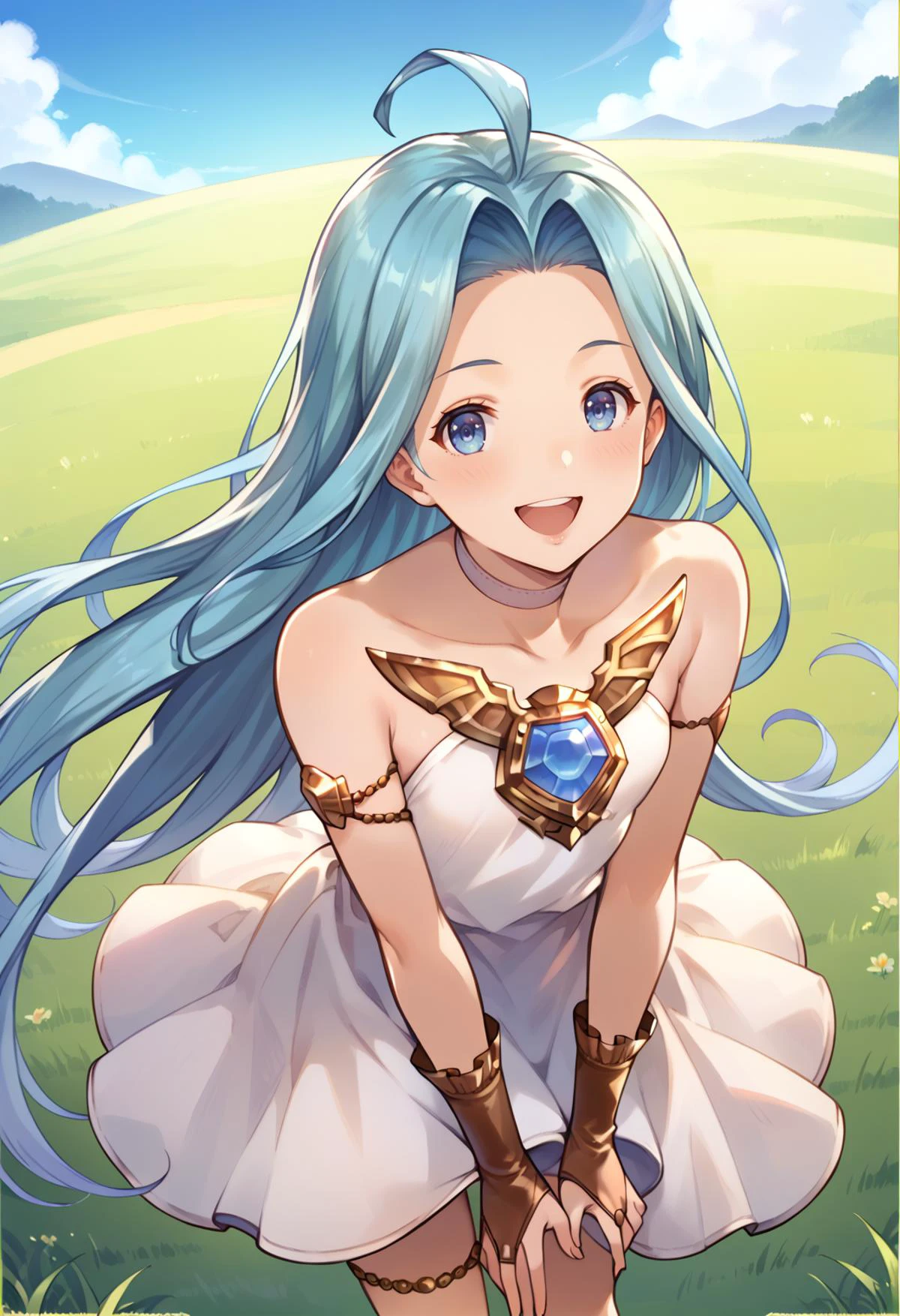 score_9, score_8_up, score_7_up, hd, (ultra hd quality details), grass, outdoors, blue sky,
(masterpiece, best quality), fcDetailPortrait, solo, 1girl, luriabase, blue hair, very long hair, ahoge,
lyrdefdress, bare shoulders, choker, collarbone, gem, jewelry, bridal gauntlets, thighlet,
looking at viewer, blush, smile, open mouth,
standing, from above, leaning forward,
<lora:_lyria-elesicov1:1>