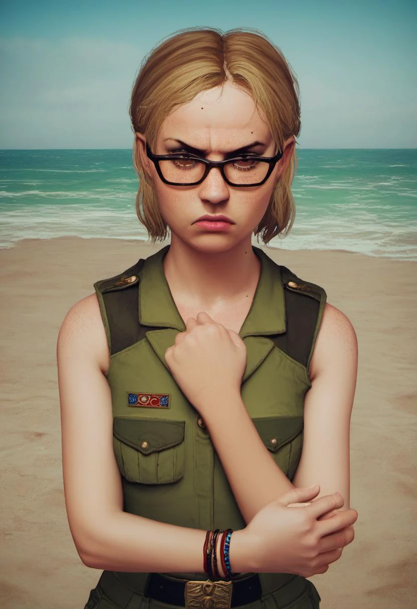 zPDXL, zPDXLxxx, score_9, score_8_up, score_7_up, score_6_up, score_5_up, score_4_up, BREAK <lora:Cassie_Drake_Uncharted_4:0.8>, cassie_drake, 1girl, solo, glasses, freckles, blonde hair, military uniform, breasts, small breasts, lips, outdoors, short hair, black-framed eyewear, realistic, brown eyes, mole, looking at viewer, military uniform, beach, bracelet, brown hair, lips, sleeveless, scowl