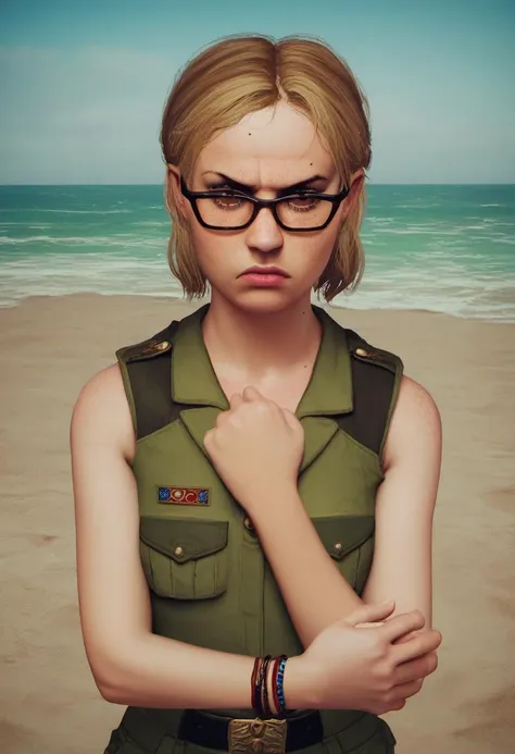 zPDXL, zPDXLxxx, score_9, score_8_up, score_7_up, score_6_up, score_5_up, score_4_up, BREAK  <lora:Cassie_Drake_Uncharted_4:0.8>, cassie_drake, 1girl, solo, glasses, freckles, blonde hair,  military uniform, breasts, small breasts, lips, outdoors, short hair, black-framed eyewear, realistic, brown eyes, mole, looking at viewer, military uniform, beach, bracelet, brown hair, lips, sleeveless, scowl