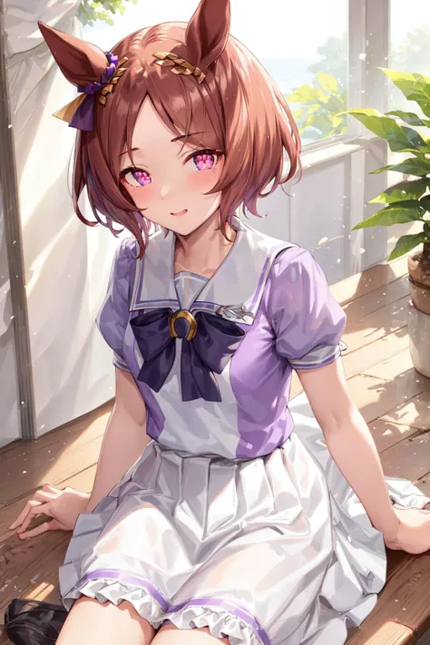 masterpiece, best quality,
sakura laurel \(umamusume\), 
tracen school uniform, ear bow, symbol in eye, symbol-shaped pupils, summer uniform, serafuku, puffy short sleeves, purple bowtie, horseshoe ornament, sailor collar, sailor shirt, purple shirt, white skirt, pleated skirt, frilled skirt,
<lora:sakura_laurel_loha:0.7>