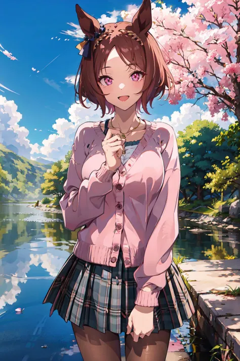 <lora:sakura_laurel_loha:0.8> sakura laurel \(umamusume\), masterpiece, best quality, casual, ear bow, symbol in eye, symbol-shaped pupils, collarbone, pink cardigan, necklace, jewelry, white shirt, long sleeves, grey skirt, plaid skirt, black pantyhose, pink sneakers, smile, open mouth, flower, holding, holding bouquet, lake, cowboy shot, outdoors, red flower, rose, standing, tree, water, water drop, cherry blossoms, petal, windy,