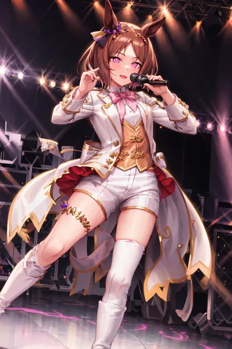 masterpiece, best quality,
sakura laurel \(umamusume\), 
standing, stage lights, glowstick, 
microphone, headphones,
official alternate costume, ear bow, symbol in eye, symbol-shaped pupils, white jacket, white shirt, pink bowtie, brooch, long sleeves, white shorts, white thighhighs, white footwear, knee boots, high heels, high heel boots
<lora:sakura_laurel_loha:0.8>