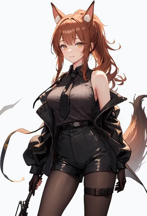 best quality, masterpiece, highres, solo, (franka_arknights:1.10), sleeveless shirt, bare shoulders, 1girl, off shoulder, open jacket, black shirt, black jacket, collared shirt, looking at viewer, black gloves, long sleeves, ponytail, smile, black pantyhose, black shorts, brown pantyhose, closed mouth, grey necktie, simple background, thigh strap, official alternate costume, yellow eyes, cowboy shot, 5 <lora:franka_arknights:0.80>